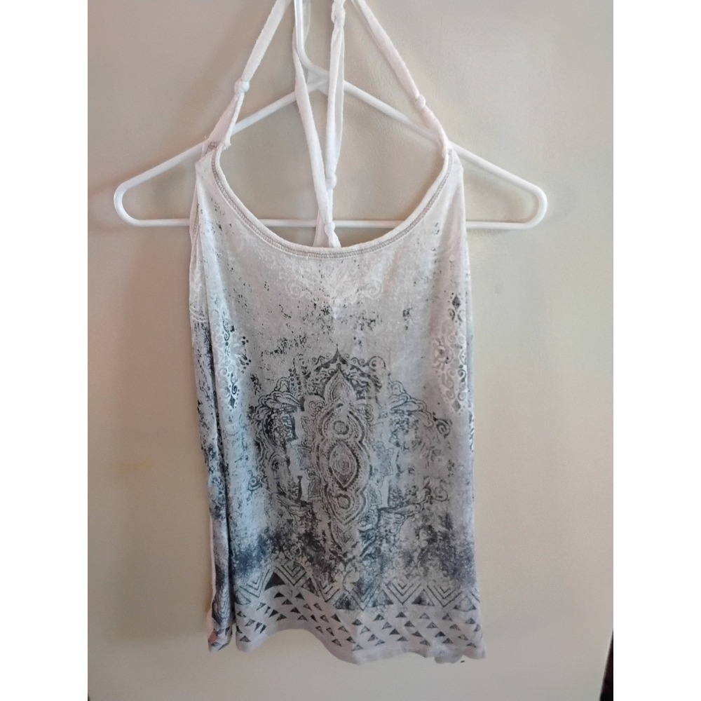 Maurices Women White Grey Mandala Print Knotted Halter Tank Top Size 1 Racerback